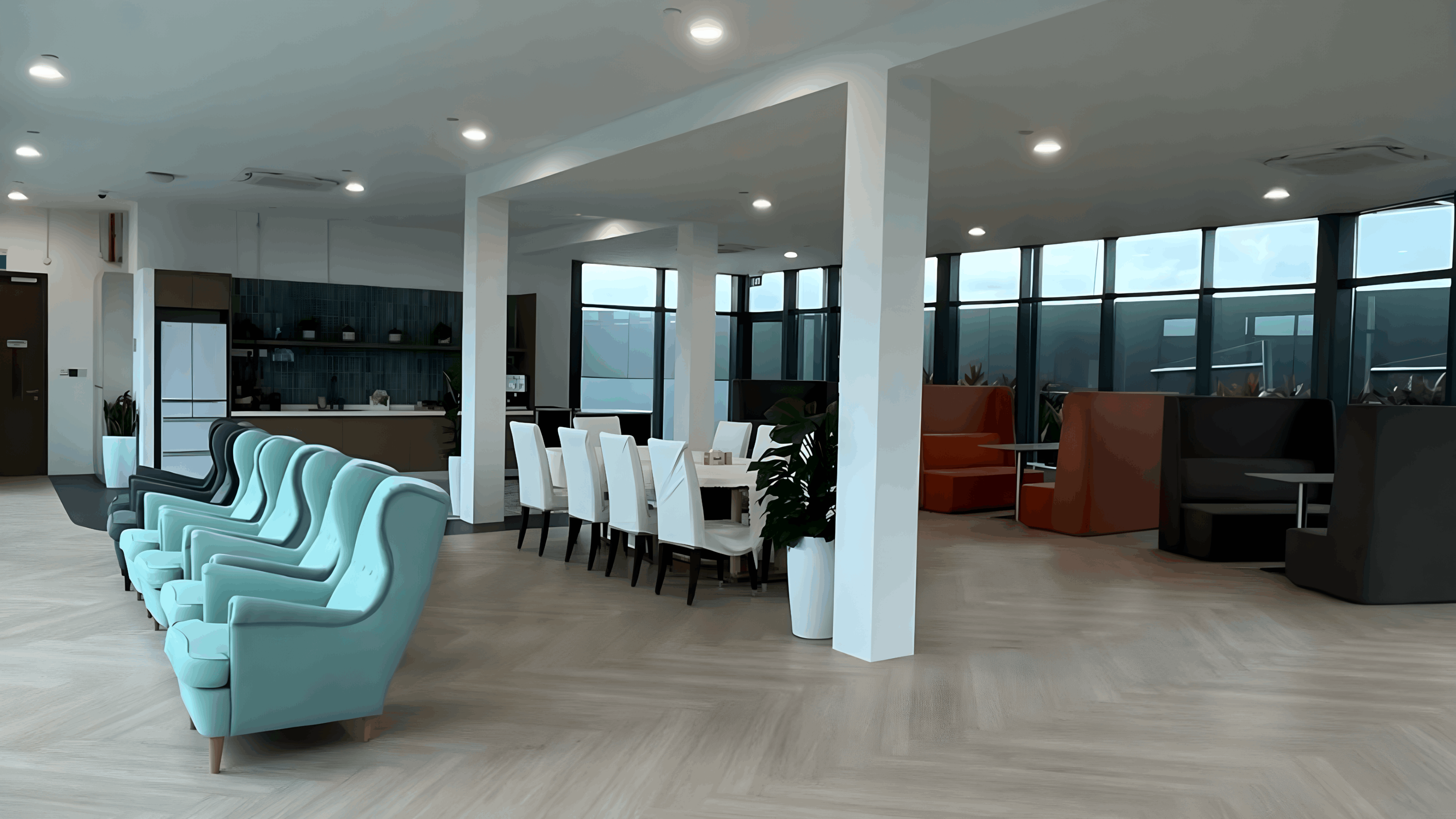 Open office space with modern pantry and collaborative areas
