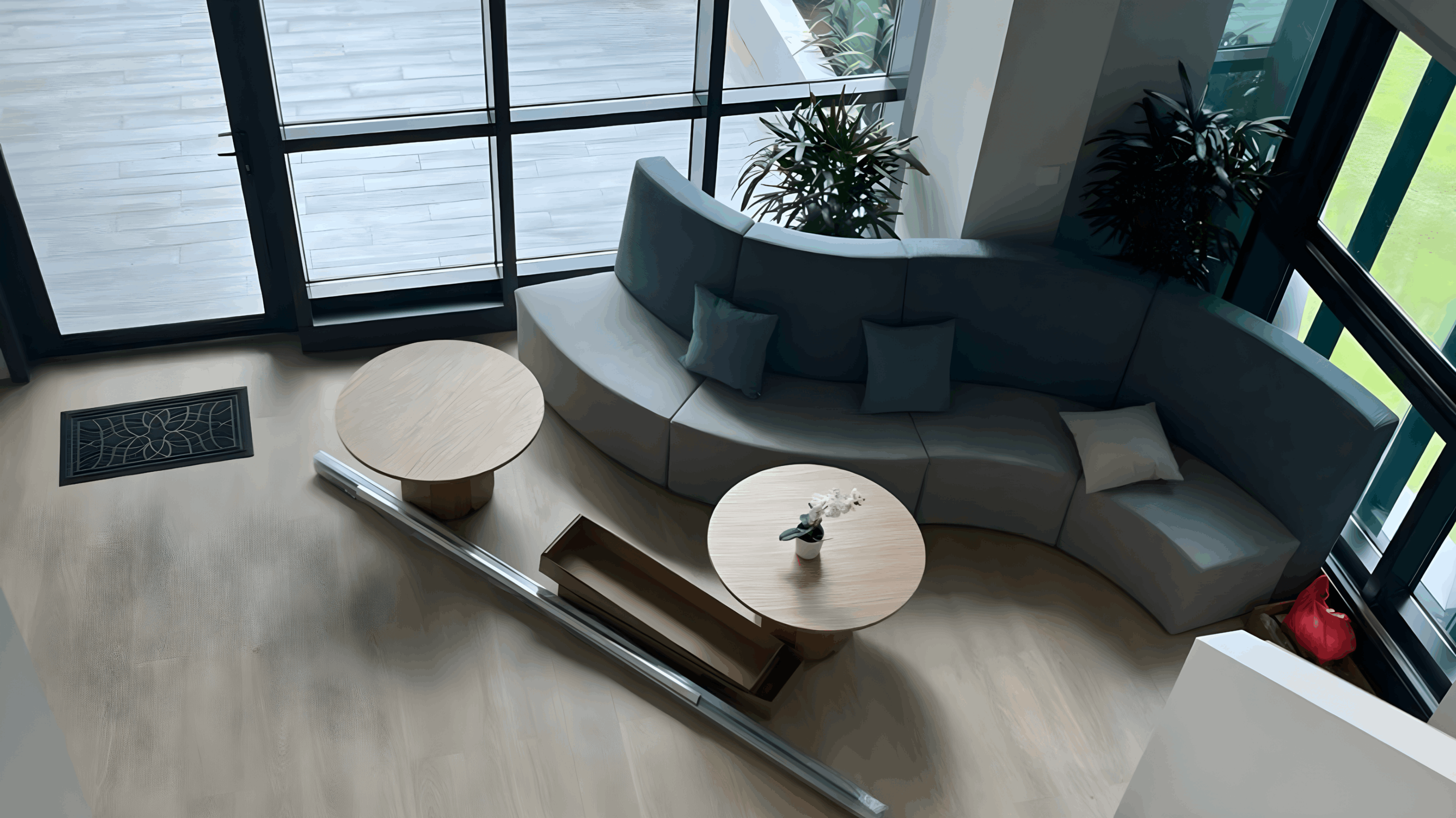 Modern corporate office renovation with contemporary furnishings and open floor plan